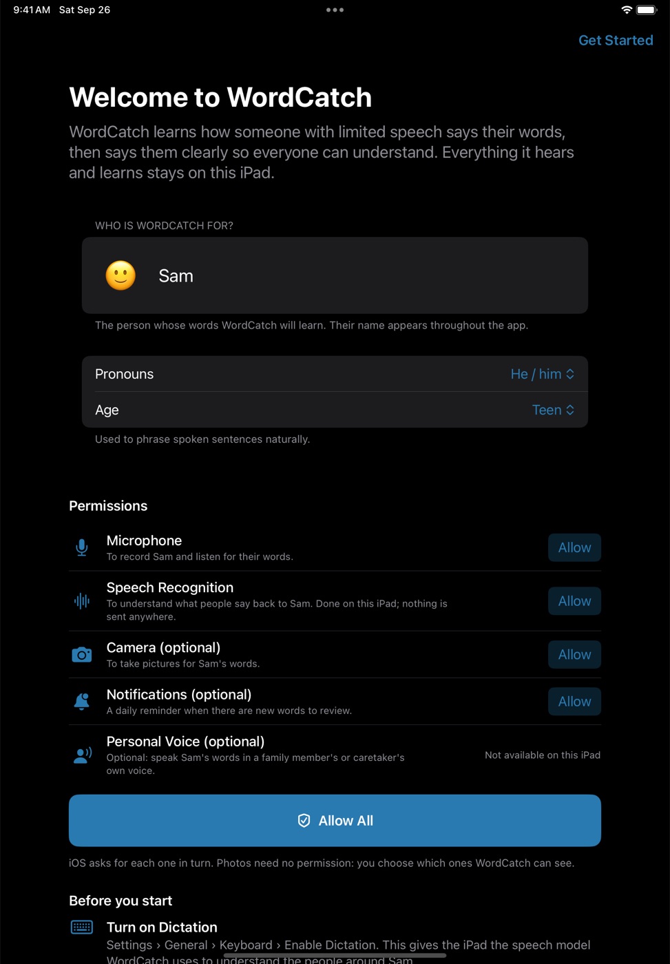 Welcome screen: who is WordCatch for, pronouns, age, and permissions with an Allow All button