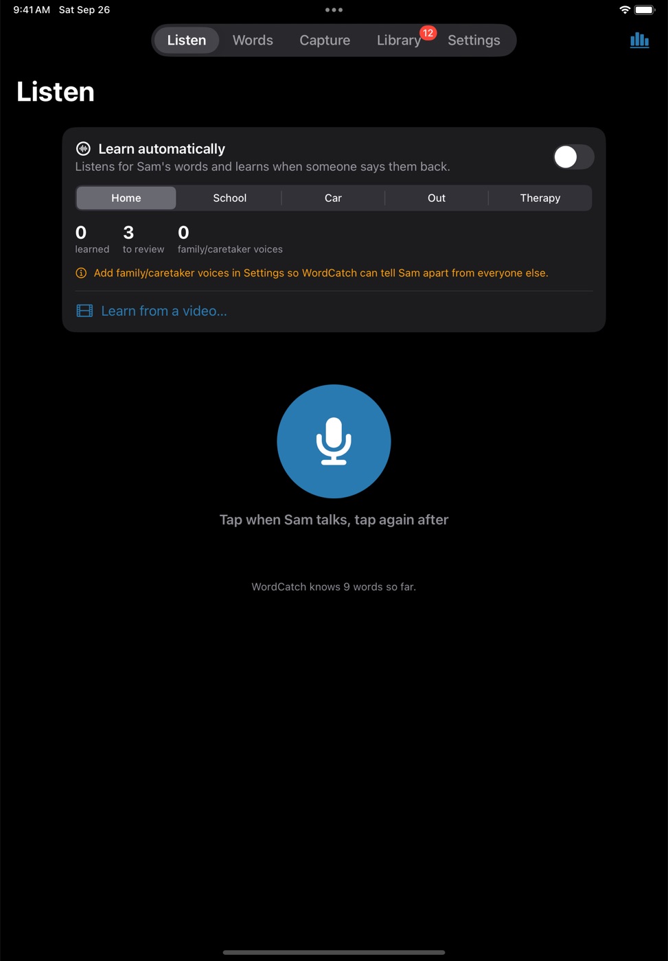 The Listen screen with a Learn automatically switch, place picker, counts of learned and to-review moments, and a big microphone button