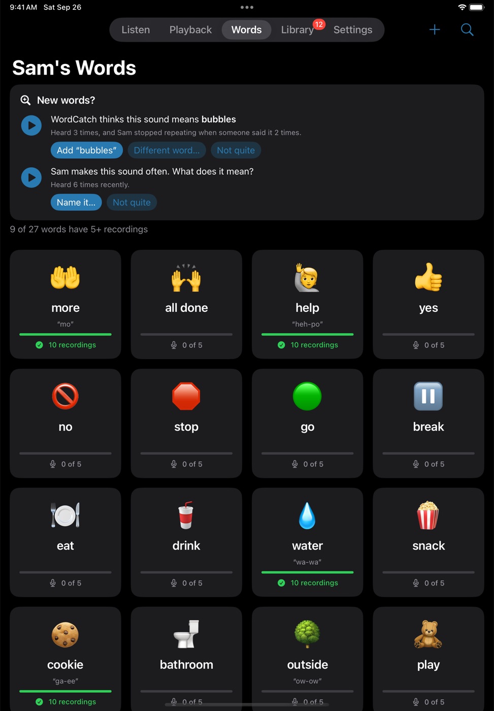 The Words screen: a New words card suggesting bubbles, and a grid of word cards with emoji and progress
