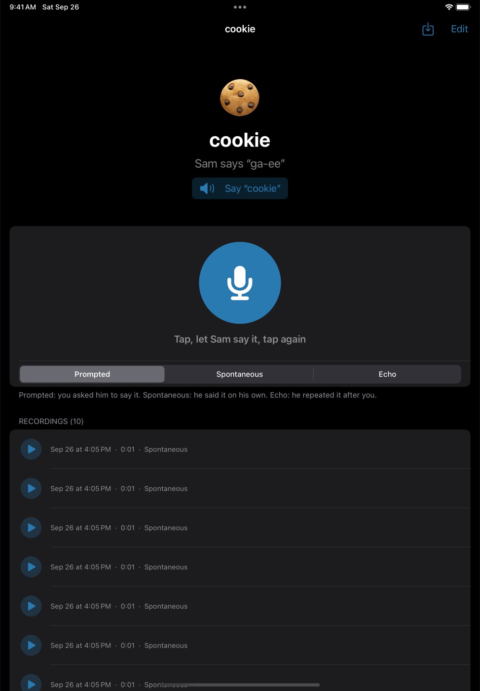 The cookie word page: Sam says ga-ee, a record button, and a list of recordings