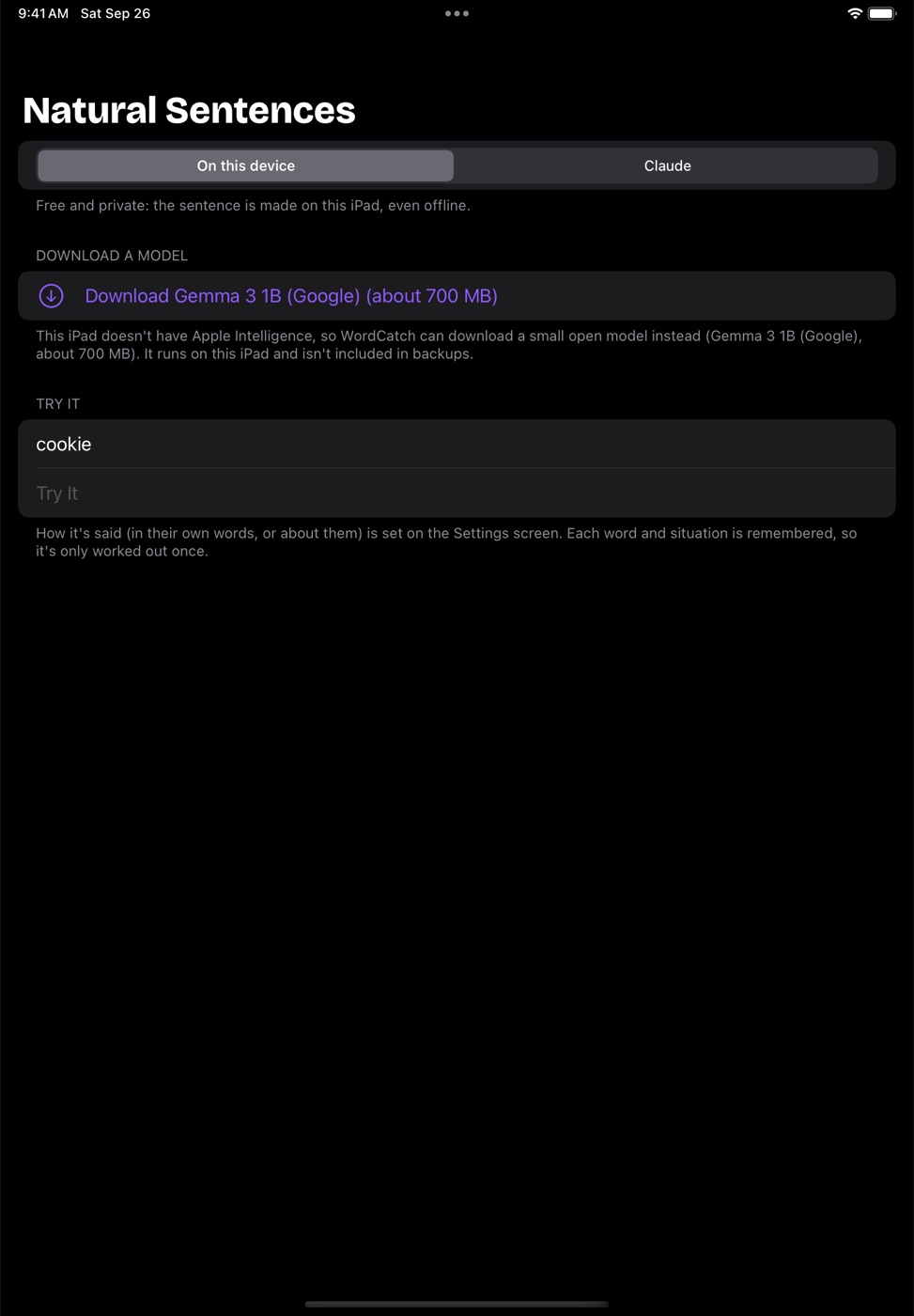 Natural Sentences settings: made on this device, with an option to download a small model
