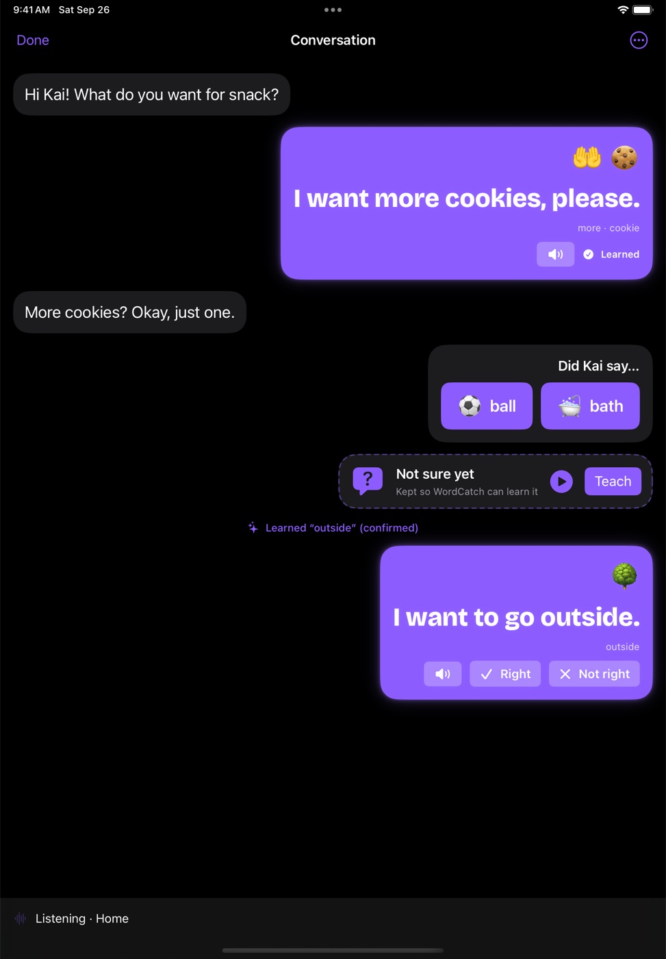 Conversation: what an adult says on the left, and Sam's words on the right as sentences, like I want more cookies, please
